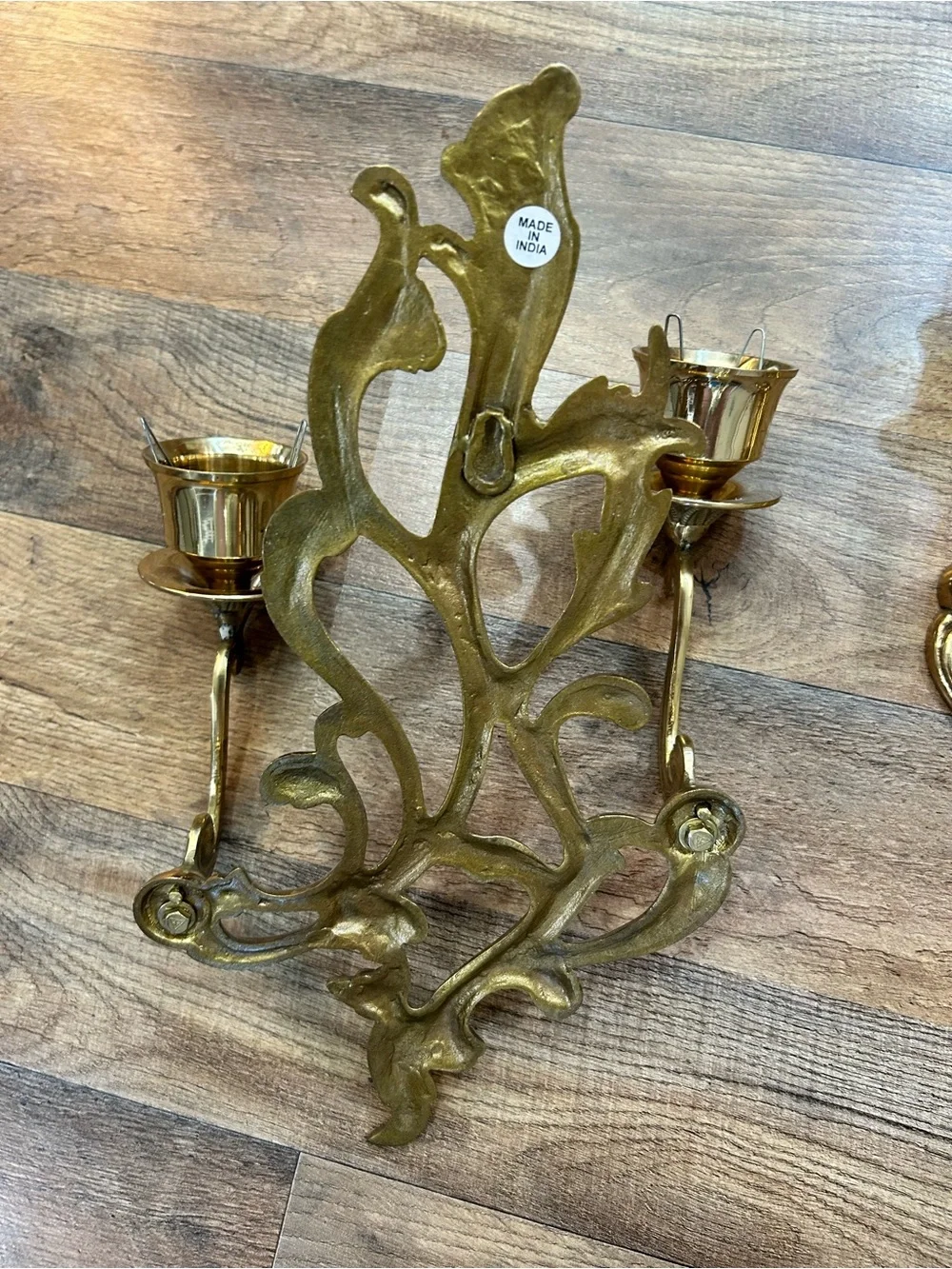 Ornate Brass Tone Double Arm Wall Candle Sconces Pair